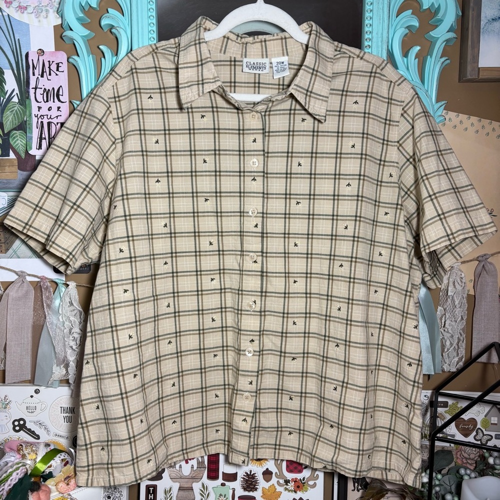 Classic Elements Woman Brown Plaid Floral Embroidered Button Down Top Size 20W